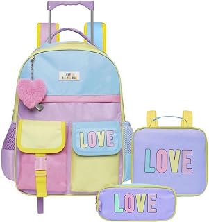 Mochila Rodinha Infantil Kit Mochila Escolar De Costas E Lancheira E Estojo Tons Pastéis Chaveiro Yins Meninas