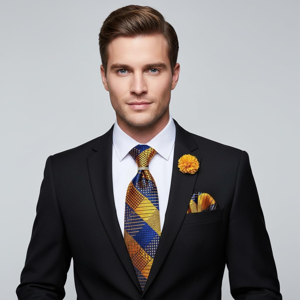 5PCS Mens Silk Tie, Pocket Square, Cufflinks, Drilled Tie Ring and Lapel Pin Set for Wedding Groom Party