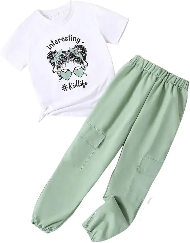 Ayzozuy Kid Girl Clothes Outfits Figure Letter Graphic Tee Top + Flap Pocket Pants 2PC Spring Summer Clothing Set