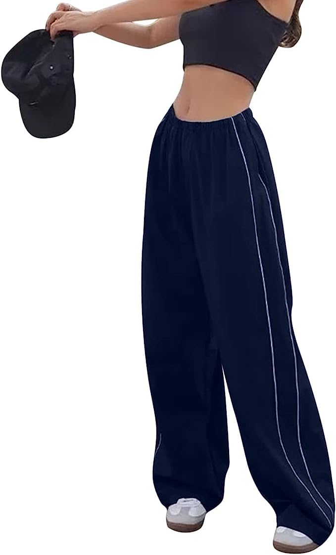 Odizli Cargohose Damen Baggy High Waist Vintage Y2K 2000er Cargo Fallschirm Hose Track Pants Frauen Hip Hop Fallschirmhose Jogginghose Trackpants Teenager Mädchen Streetwear mit Taschen Marineblau M