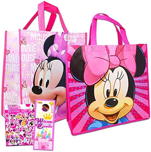 Disney Minnie Mouse Tote Bags Value Pack - 2 Reusable Large Tote Grocery Party Bags Featuring Minnie Mouse with Minnie Stickers