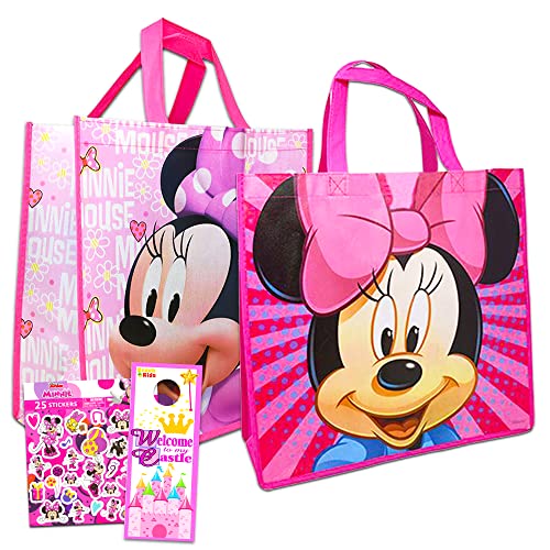 Disney Minnie Mouse Tote Bags Value Pack - 2 Reusable Large Tote Grocery Party Bags Featuring Minnie Mouse With Minnie Stickers #TOP9