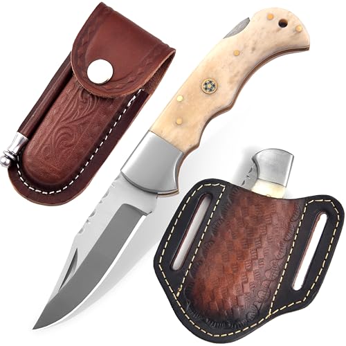 UA KNIVES Handmade 6.5 Inch D2 Steel Folding Pocket Knife – Back Lock Outdoor EDC Knife with Dual Leather Sheaths for Camping, Hiking, Hunting, Bushcraft & Survival (Camel Bone)