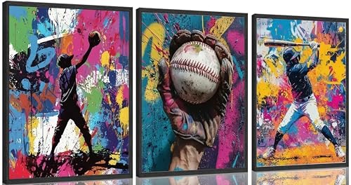 3Pcs Graffiti Baseball Wall Art Boys Room Rustic Baseball American Football Painting Picture Wall Decor Modern Graffiti Poster Print Artwork for Man Cave Man Bedroom Playroom Home Decoration 12x16in