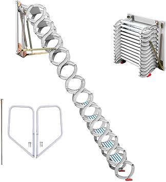 INTBUYING Folding Loft Ladder Wall Mounted Attic Ladder 27.6x27.6in Wall Attic Loft Stairs Al-Mg Alloy 9.8ft Height Load 500lb Pulldown Attic Stairs 12 Pedals Ladder Stairs for Decorative House White
