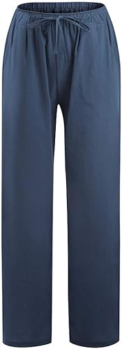 Miniatura 3 de JEGULV Pantalones de lino de algodón para mujer, pantalones ligeros de cintura alta con cordón para mujer, pantalones casuales sueltos de pierna