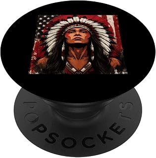 Indigenous Woman Amerindian with Headdress & US Flag PopSockets Adhesive...