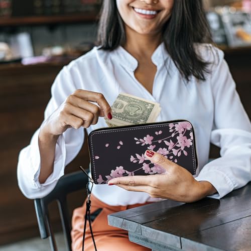 Image of Women's Wallets,Credit Card Holder Money Leather Long Wallet with Wristlet,Large Capacity with Zip-Around Phone Purse for Women Ladies Girls,Cherry Blossoms