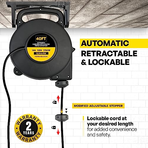 Terrabloom Retractable Extension Cord Reel With Light Indicator - 12/3 Cord Reel 40 Ft - Triple Outlet Electric Cord Reel - Wall Mounted Retractable Power Cord Reel - Ul Listed 14 Amp 125V 1750W #TOP6