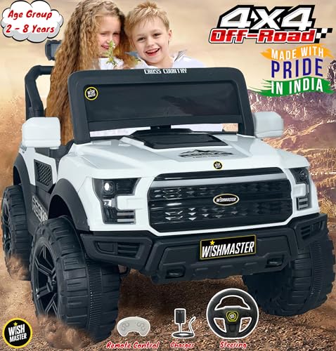 Image of Wishmaster Driving 4 Motors with Bluetooth EV Jeeps for 1, 2, 3, 4, 5, 6 Years | Remote + Steering + Mobile App Control | Kids Car | Birthday Gift