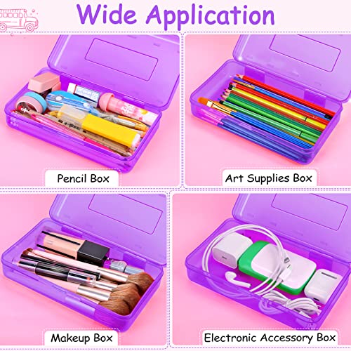 Image of Sooez 1 Pack Clear Pencil Box, Plastic Hard Pencil Case with Stickers, Large Crayon Box with Snap-tight Lid, Stackable Storage Box Art Craft Marker Organizer Box for Kids Boys Back to School, Purple