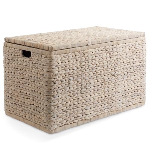 Image of Casafield 30 inch Storage Chest with Lid, Handles, and Safety Hinge - Whitewash White, Hyacinth Wicker Storage Trunk for Entry Way, Living Room, Bedroom
