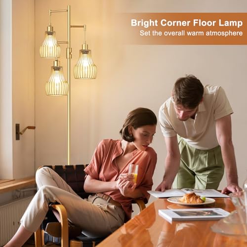 Ziisee Dimmable Gold Floor Lamps for Living Room, 70" Farmhouse Tree Standing Tall Lamps with 3 Elegant Cage Shade & 800 Lumens LED Bulbs for Bedroom Office by Ziisee - Used condition - Image 4