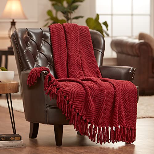 Chanasya Textured Knit Throw Blanket With Tassels - Soft, Cozy Blanket For Couch, Bed, Living Room - 50" X 65” - Red #TOP18
