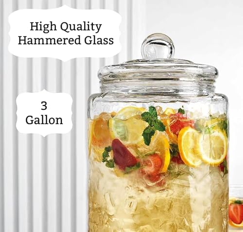 3 Gallon Classic Hammered Glass Ice Cold Beverage Drink Dispenser - With Glass Lid 100% Leak Proof Spigot- Wide Mouth Easy Filling For Outdoor, Parties & Daily Use