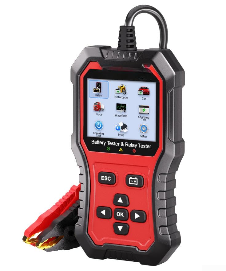 Tester per batterie e relè automobilistici per sistemi da 12 V 24 V con test di carico di avviamento, controllo dell'uscita dell'alternatore e analisi della batteria