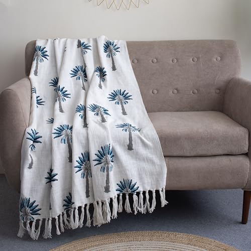 Image of Hand Block Printed 100% Cotton Soft Lightweight Sofa Throw with Tassels - Blue Palm Tree Design Decorative Couch Throws for Living Room, Bed & Travel (White, 50x70 Inches)