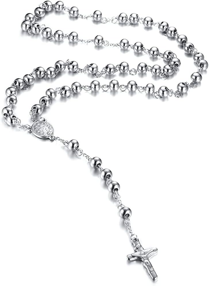 Blowin Christian Catholic Black Silver Stainless Steel Beads Crucifix Religious Long Rosary Necklace