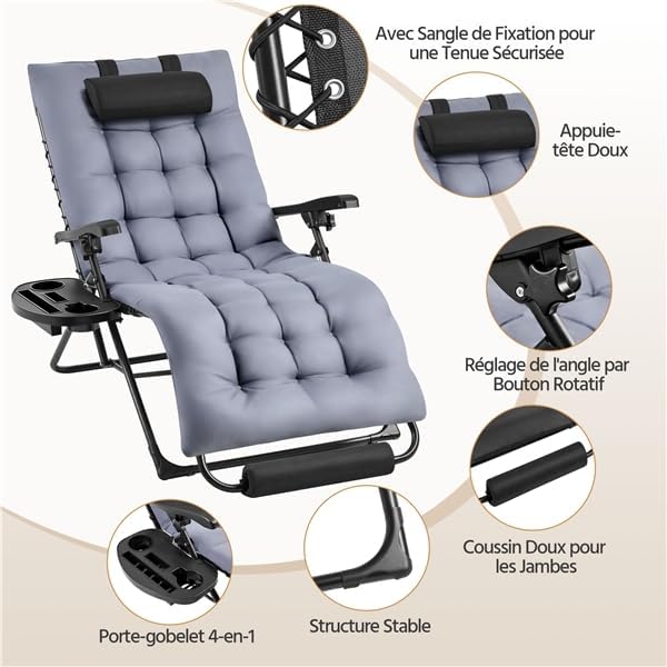 Yaheetech Transat Jardin Exterieur, Inclinable avec Rembourrage Repose Pieds Appuie-tête Amovible, résistant aux intempéries Chaise Longue Pliante Dossier, Salon de Jardin Exterieur (1, Gris foncé) - 5