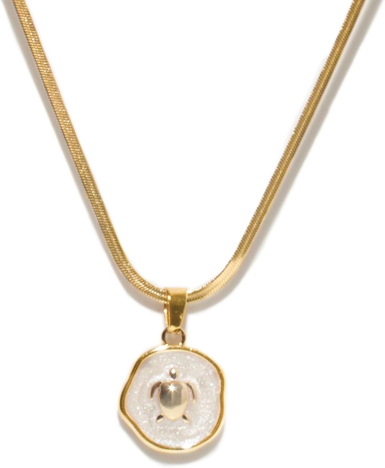 Women Sea Turtle Enamel Pendant Necklace 18K Gold Plated Coin Medallion Modern Minimalist Jewelry for Her Organic Shape White & Gold