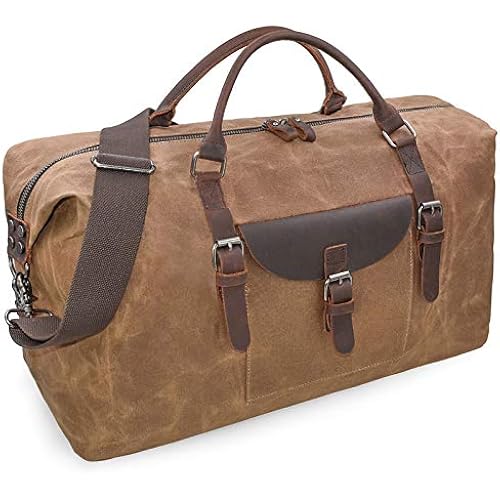 NEWHEY 55L Travel Duffel Bag, Waterproof Waxed Canvas & Leather Weekender Bag for Men, Large Carry-on Overnight Bag for 4-5 Day Business Trips & Weekend Getaways, Brown