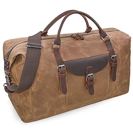 NEWHEY 55L Travel Duffel Bag, Waterproof Waxed Canvas & Leather Weekender Bag for Men, Large Carry-on Overnight Bag for 4-5 Day Business Trips & Weekend Getaways, Brown