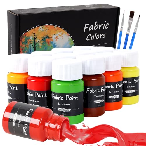 Fmtasx Textilfarbe Waschmaschinenfest | Set aus 12 x 25ml Stoffmalfarben Textilfarben Waschfest | Stofffarben Für T-Shirt, Jeans und allen Stoffen