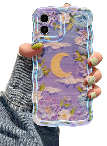 EYZUTAK Case for iPhone 11, Colorful Retro Oil Painting Flower Moon Pattern Laser Cute Curly Wave Edge Exquisite Phone Cover Stylish Durable TPU Protective Case for Girls Women - Purple White