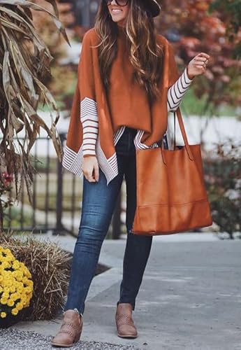 Uniexcosm Turtleneck Oversized Sweaters For Women Cute Batwing Sleeve Spilt Hem Tunic Pullover Sweater Knit Tops Orange #TOP2