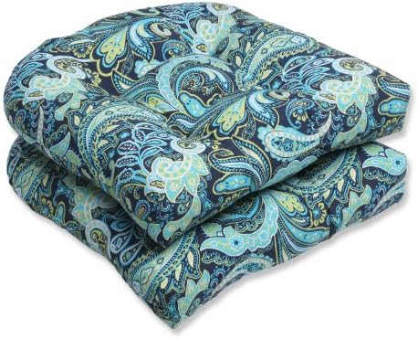Pillow Perfect Outdoor Pretty Paisley Wicker Seat Cushion, Blue, Set of 2