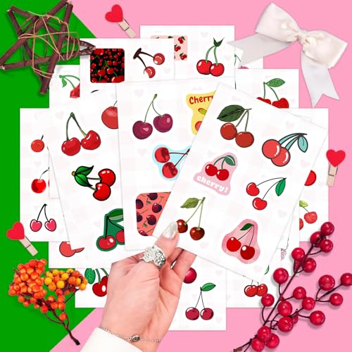 Image of 100Pcs Cherry Stickers for Water Bottle and Laptop - Fruit Party Favors & Decorations, Waterproof Vinyl Nature Decals, Cute Cherry Stickers Laptop Decals, Gifts for Women & Men