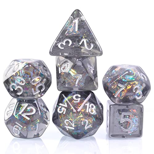 UDIXI Polyhedral Dice Set D&D, 7PCS Grey DND Dice Filled with Laser Paper for Role Playing Game Pathfinder
