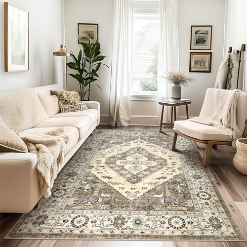 Washable Living Room Area Rugs - 6x9 Large Soft Machine Washable Non-Slip Area Rugs, Vintage Oriental Traditional Carpet for Bedroom Dining Room Indoor Dorm Office Decor Brown/Beige