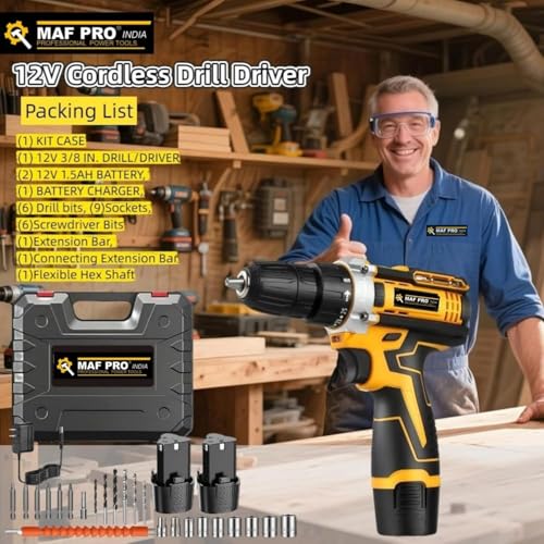 Image of MAF PRO 12V Cordless Drill Machine with 2 Battery | Drill Machine for Wall Drilling | Cordless Drilling Machine | Powerful Drill Machine with Screw Driver Kit