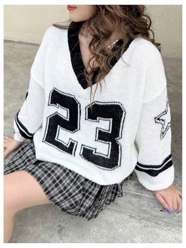 MakeMeChic Girl's Oversized Jersey Sweater Number Graphic V Neck Long Sleeve Y2k Pullover Tops4