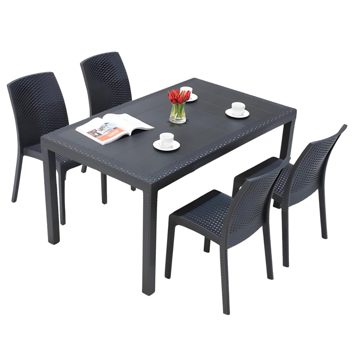 Tomaino Set Tavolo e Sedie Da Giardino in Plastica 4 Posti Impilabili Effetto Rattan Nero