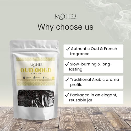 Image of Moheb Bukhur 25 Gram Arabic Fragrance Pouch | Long Lasting & Non-Toxic Bakhoor for Home, Office, Temple, Mosque | Use with Charcoal (Oud Gold)