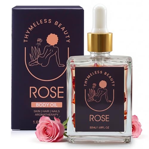 Luxurious Rose Body Oil with Real Rose Petals – Lightweight, Moisturizing, Long-Lasting Floral Scent – Premium Rosé Oil for Face, Body, Hair, Nails & Aromatherapy – Natural Perfume Oil, 1.69 Fl Oz