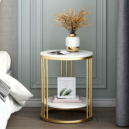 Image of Round End Table Coffee Table Side Table Bedside Table Nightstand Side Corner for Living Room Bedroom (Gold White 01)