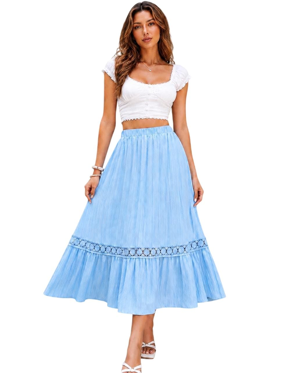 Women's Light Blue Maxi Skirt with Lace Trim Detail-image-1