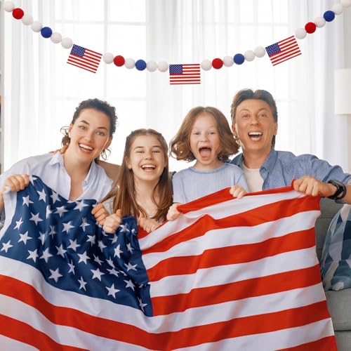 Image of Tatuo 3 Pcs 20.67 ft 4th of July Garland Patriotic 250th Anniversary Star Pompom American Flag Banner Red White Blue Pom Ball Hanging Garland for Independence Day Memorial Day Decor