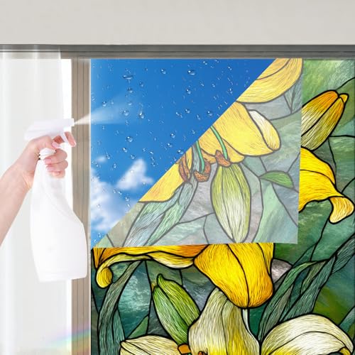 Image of Nuxovilar Gothic Rainbow Yellow Flower Pattern Window Film 17.5x39.3 PVC | Yellow Flowers, Gothic Decal fresh floral sticker, rainbow glass wrap for bedroom living room home (Yellow Floral)