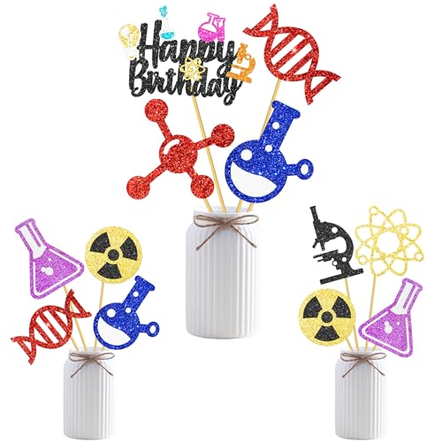 16Pcs Glitter Science Theme Centerpiece Sticks Science Birthday Party Decorations Chemistry Laboratory Theme Party Centerpieces for Scientist Birthday Party Baby Shower Supplies