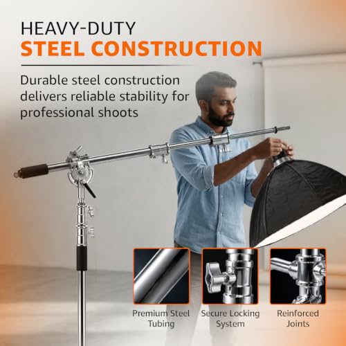 Image of Amazon Basics Heavy Duty Light Boom C-Stand with 3.5ft Holding Arm & Grip Head, Multi Angle Adjustment, Spring Loaded Aluminium Rod, for Flashlights, Reflectors, Softboxes & Umbrellas