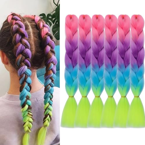 Maysa Rainbow Braiding Hair Pre stretched, 4 Tone Colorful Braiding Hair Extensions 24in, Synthetic Multicolor Braiding Hair 6Packs #Rouge pink-Purple-Blue-Green