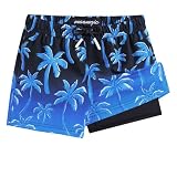 maamgic Boys Swim Trunks with Compression Liner Toddler Stretch Swim Shorts Quick Dry Swimming Trunks Boxer Brief 2 in 1 Beach Shorts Blue Coconut Tree 10/12