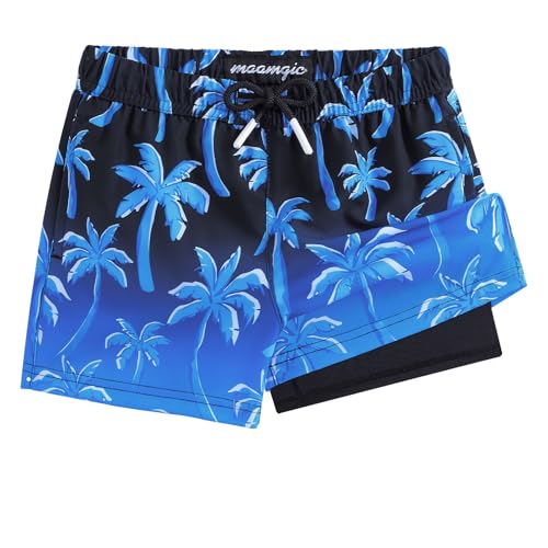 maamgic Boys Swim Trunks with Compression Liner Toddler Stretch Swim Shorts Quick Dry Swimming Trunks Boxer Brief 2 in 1 Beach Shorts Blue Coconut Tree 10/12