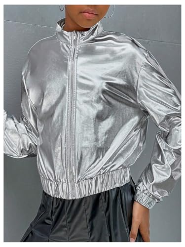 Verdusa Girl's Metallic Zip Up Jacket Mock Neck Long Sleeve Drop Shoulder Jacket Outerwear4