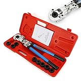 Die Presszange verfügt über einen Teleskophebelarm für eine optimale Kraftübertragung mit einem um 360°drehbaren Kopf. Die Einsätze sind mit Schloss und Verdrehsicherung ausgestattet.