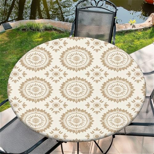 Round Fitted Tablecloth with Elastic Edge, 36"-60" Waterproof Stain Resistant Table Cover for Indoor, Outdoor, Picnic, Dining, Camping, Party, Holiday, 44inch, Boho Neutral
